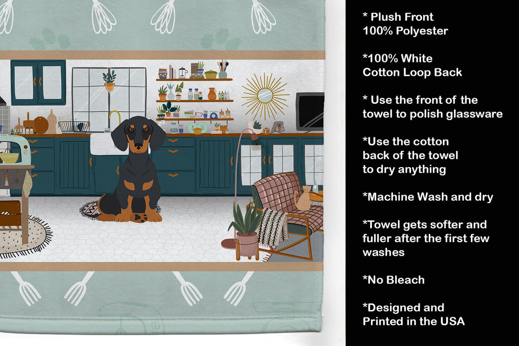 Black and Tan Dachshund in the Kitchen Kitchen Towel Velour Plush Front and Cotton Loop Back Machine Washable