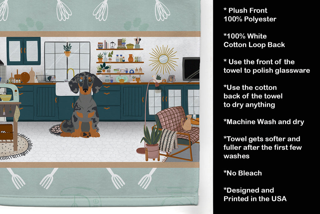 Black Dapple Dachshund in the Kitchen Kitchen Towel Velour Plush Front and Cotton Loop Back Machine Washable