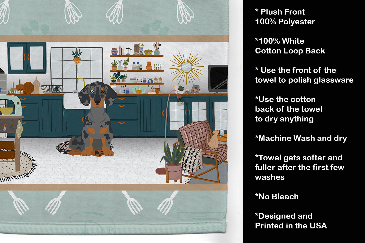 Black Dapple Dachshund in the Kitchen Kitchen Towel Velour Plush Front and Cotton Loop Back Machine Washable