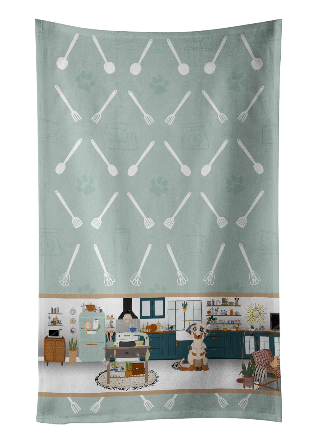 Cream Dapple Dachshund in the Kitchen Kitchen Towel Velour Plush Front and Cotton Loop Back Machine Washable