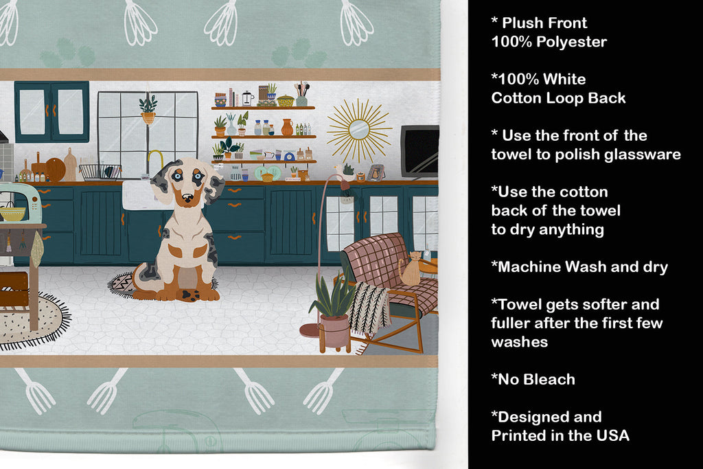 Cream Dapple Dachshund in the Kitchen Kitchen Towel Velour Plush Front and Cotton Loop Back Machine Washable