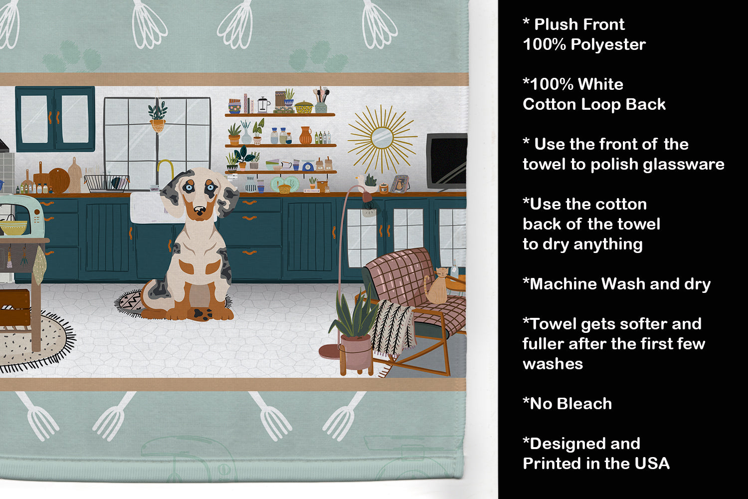Cream Dapple Dachshund in the Kitchen Kitchen Towel Velour Plush Front and Cotton Loop Back Machine Washable