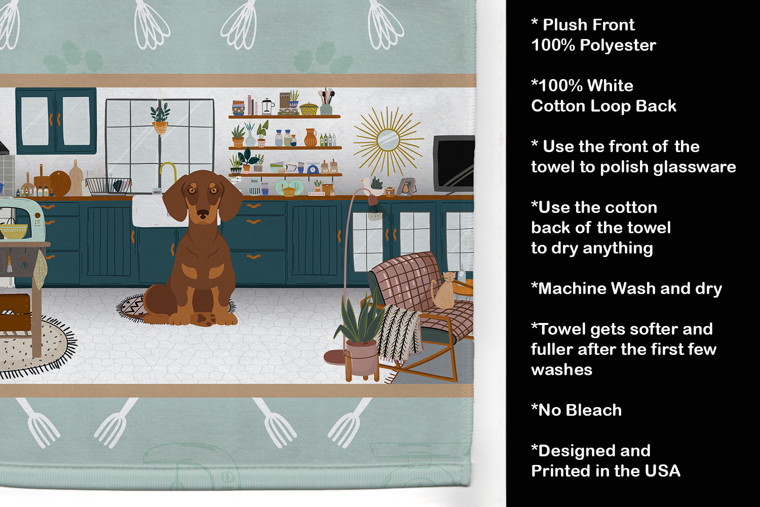 Chocolate and Tan Dachshund in the Kitchen Kitchen Towel Velour Plush Front and Cotton Loop Back Machine Washable