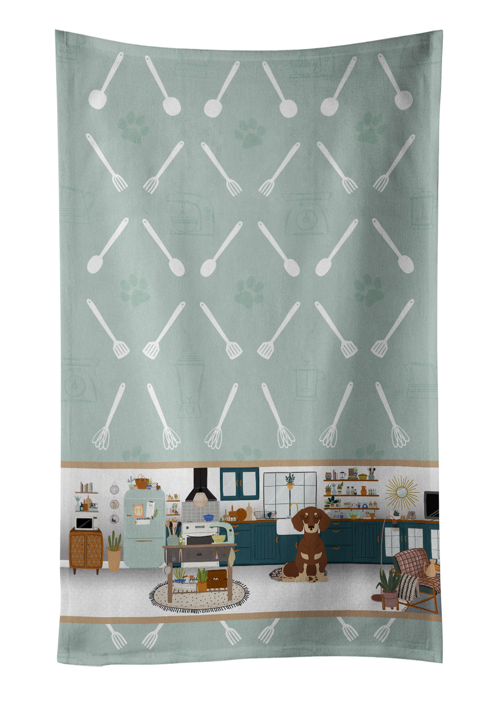 Chocolate and Cream Dachshund in the Kitchen Kitchen Towel Velour Plush Front and Cotton Loop Back Machine Washable