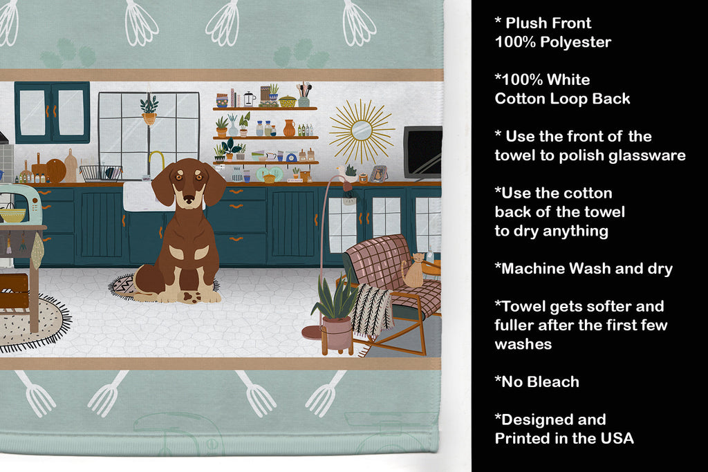 Chocolate and Cream Dachshund in the Kitchen Kitchen Towel Velour Plush Front and Cotton Loop Back Machine Washable