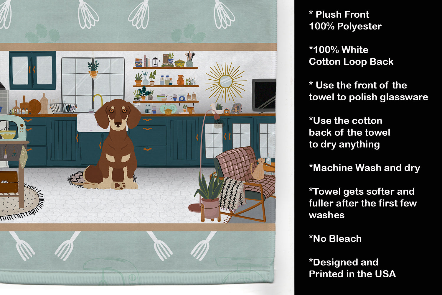 Chocolate and Cream Dachshund in the Kitchen Kitchen Towel Velour Plush Front and Cotton Loop Back Machine Washable