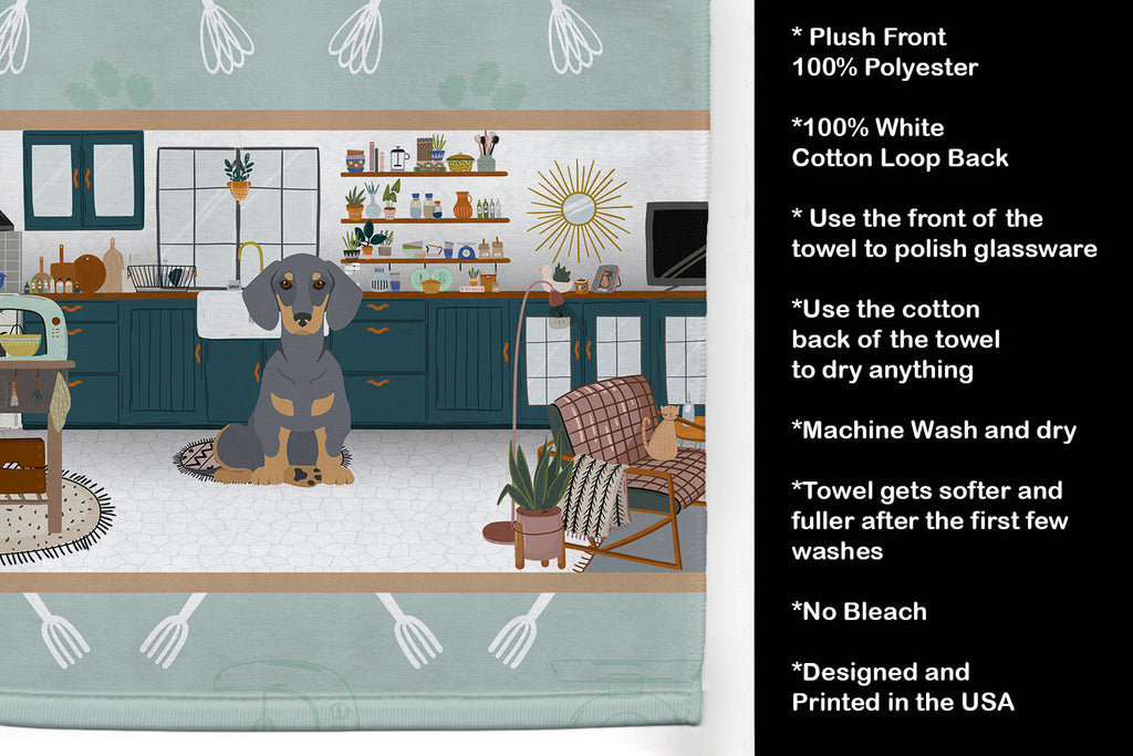 Blue and Tan Dachshund in the Kitchen Kitchen Towel Velour Plush Front and Cotton Loop Back Machine Washable