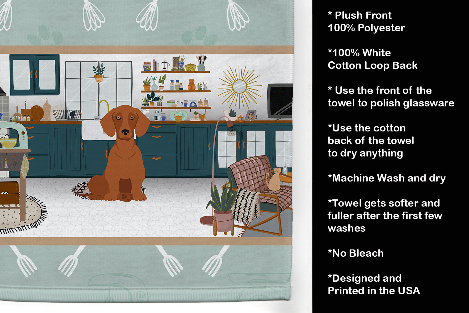 Red Dachshund in the Kitchen Kitchen Towel Velour Plush Front and Cotton Loop Back Machine Washable