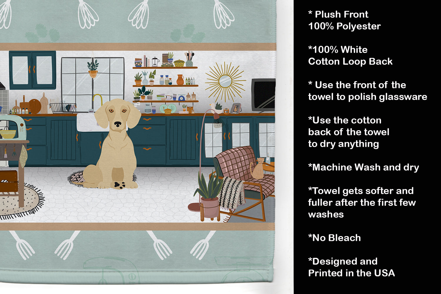 Cream Dachshund in the Kitchen Kitchen Towel Velour Plush Front and Cotton Loop Back Machine Washable