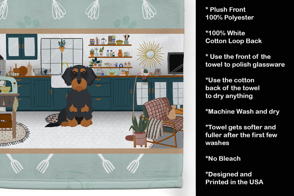 Wirehair Black and Tan Dachshund in the Kitchen Kitchen Towel Velour Plush Front and Cotton Loop Back Machine Washable