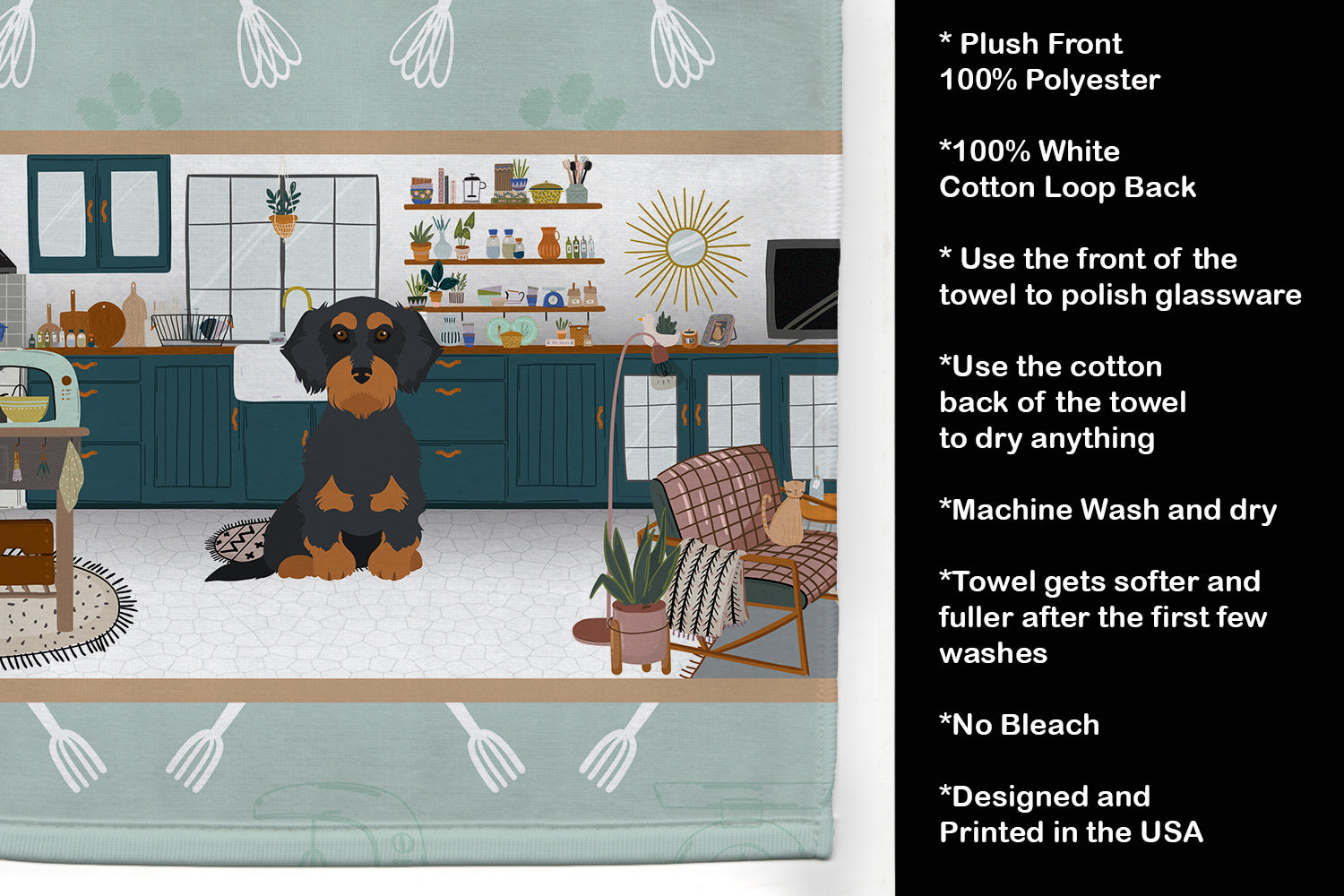 Wirehair Black and Tan Dachshund in the Kitchen Kitchen Towel Velour Plush Front and Cotton Loop Back Machine Washable