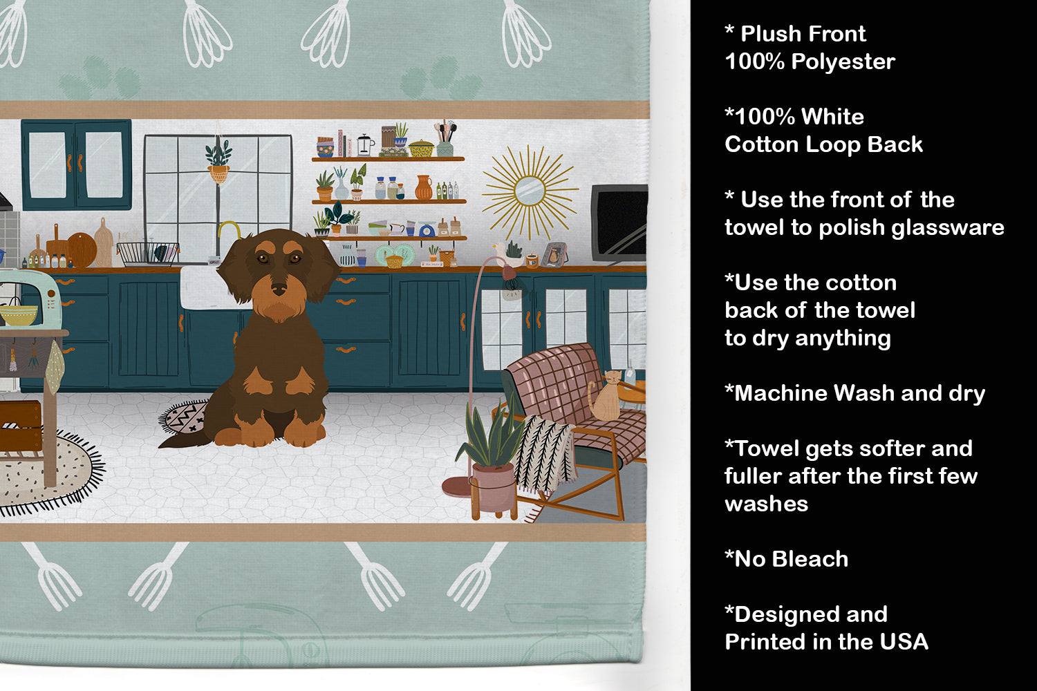 Wirehair Chocolate and Tan Dachshund in the Kitchen Kitchen Towel Velour Plush Front and Cotton Loop Back Machine Washable