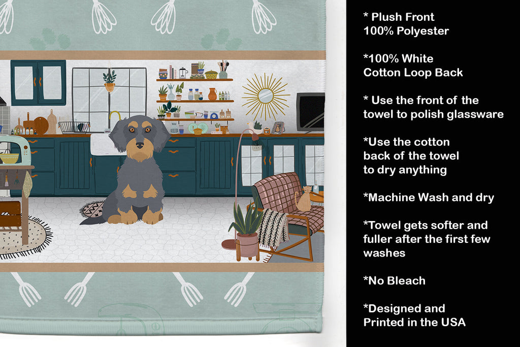 Wirehair Blue and Tan Dachshund in the Kitchen Kitchen Towel Velour Plush Front and Cotton Loop Back Machine Washable