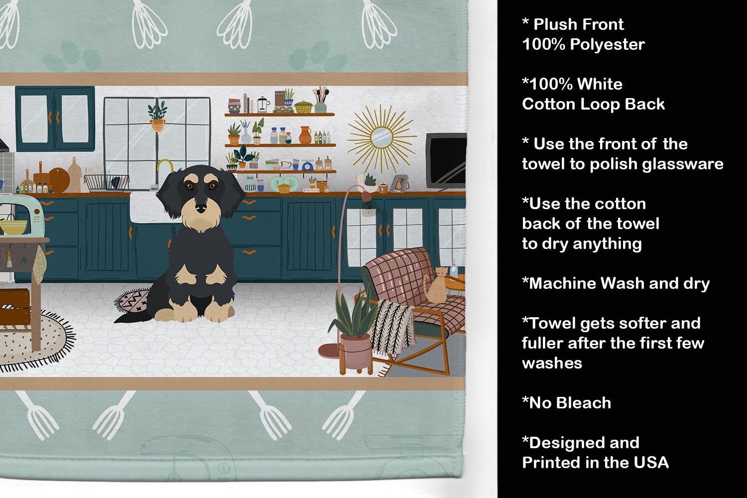 Wirehair Black and Cream Dachshund in the Kitchen Kitchen Towel Velour Plush Front and Cotton Loop Back Machine Washable