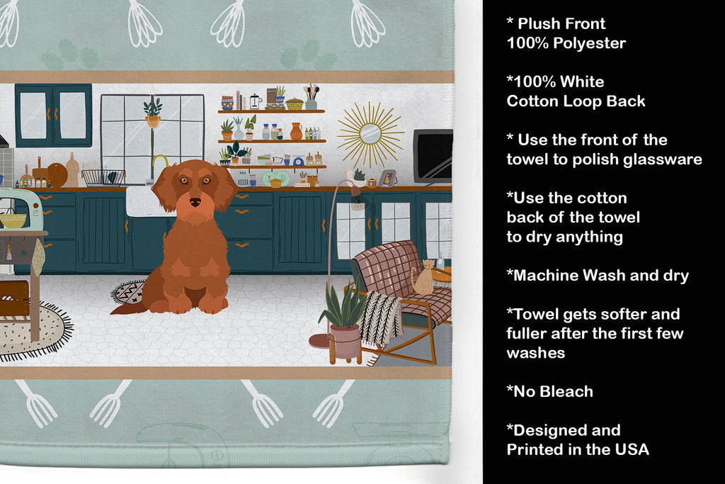 Wirehair Red Dachshund in the Kitchen Kitchen Towel Velour Plush Front and Cotton Loop Back Machine Washable