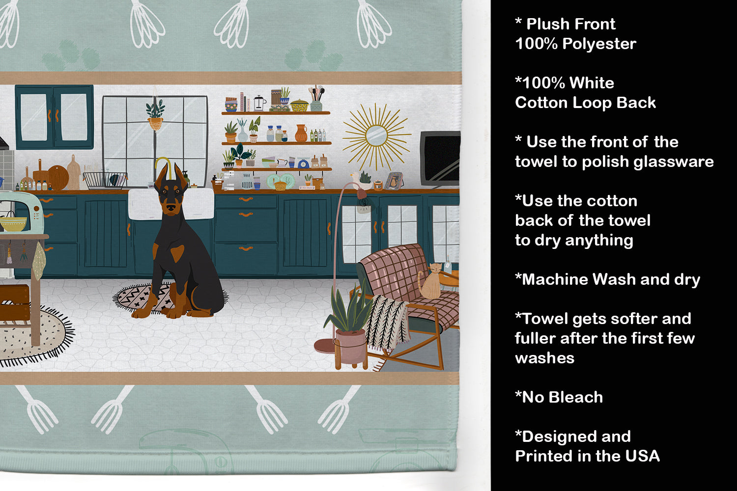 Black and Tan Doberman Pinscher in the Kitchen Kitchen Towel Velour Plush Front and Cotton Loop Back Machine Washable
