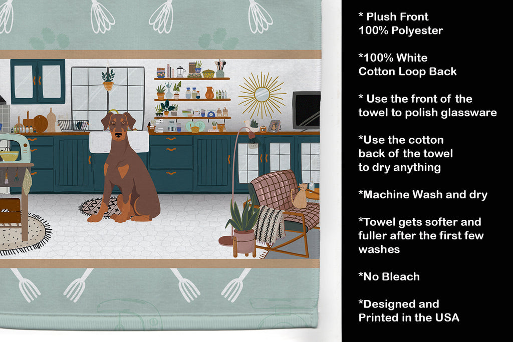 Natural Ear Red and Tan Doberman Pinscher in the Kitchen Kitchen Towel Velour Plush Front and Cotton Loop Back Machine Washable