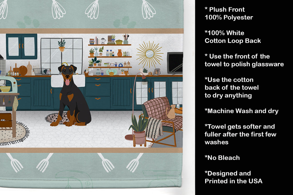 Natural Ear Black and Tan Doberman Pinscher in the Kitchen Kitchen Towel Velour Plush Front and Cotton Loop Back Machine Washable
