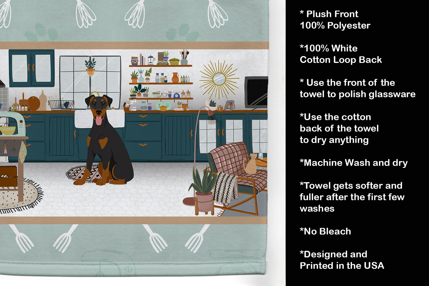 Natural Ear Black and Tan Doberman Pinscher in the Kitchen Kitchen Towel Velour Plush Front and Cotton Loop Back Machine Washable