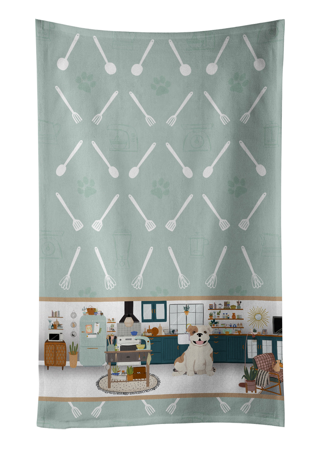 Piebald English Bulldog in the Kitchen Kitchen Towel Velour Plush Front and Cotton Loop Back Machine Washable