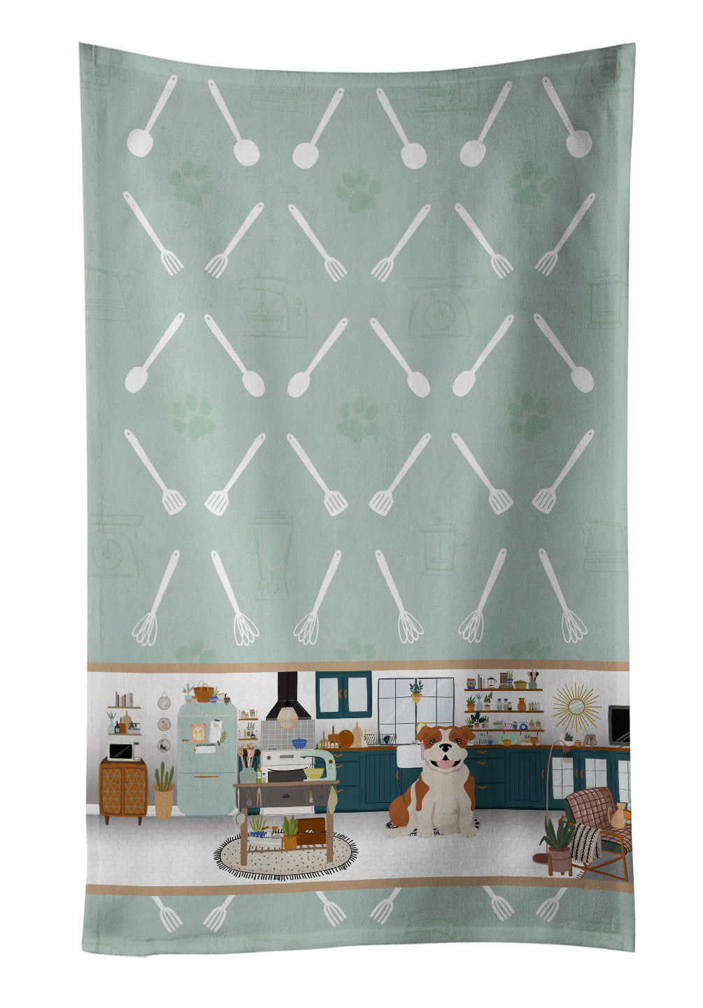Red English Bulldog in the Kitchen Kitchen Towel Velour Plush Front and Cotton Loop Back Machine Washable