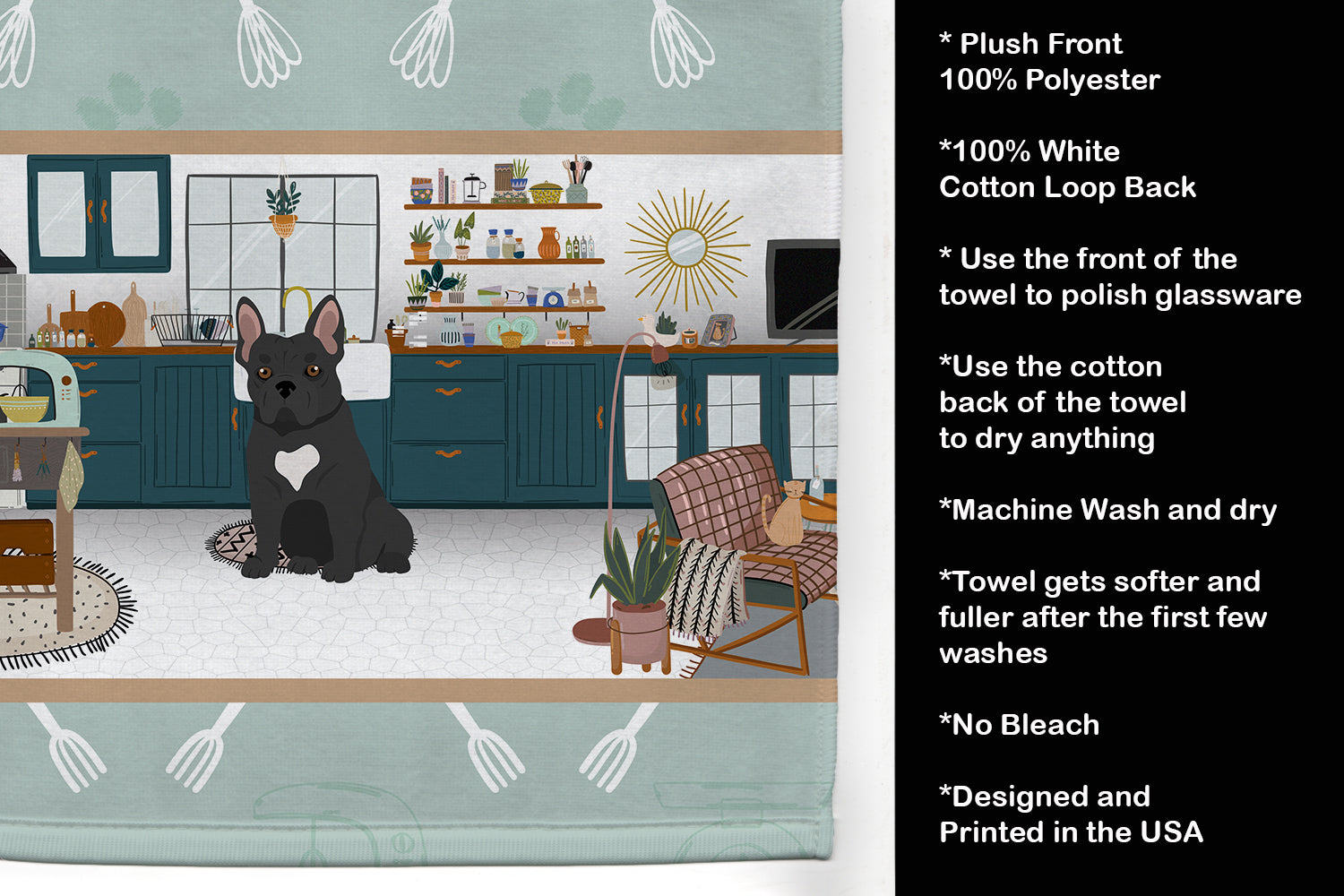 Black French Bulldog in the Kitchen Kitchen Towel Velour Plush Front and Cotton Loop Back Machine Washable