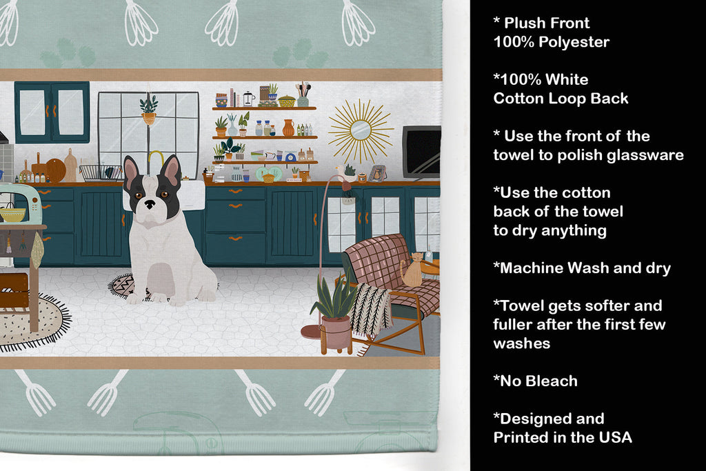 Black and White French Bulldog in the Kitchen Kitchen Towel Velour Plush Front and Cotton Loop Back Machine Washable