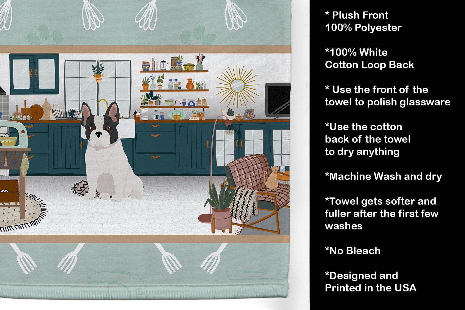 Black and White French Bulldog in the Kitchen Kitchen Towel Velour Plush Front and Cotton Loop Back Machine Washable