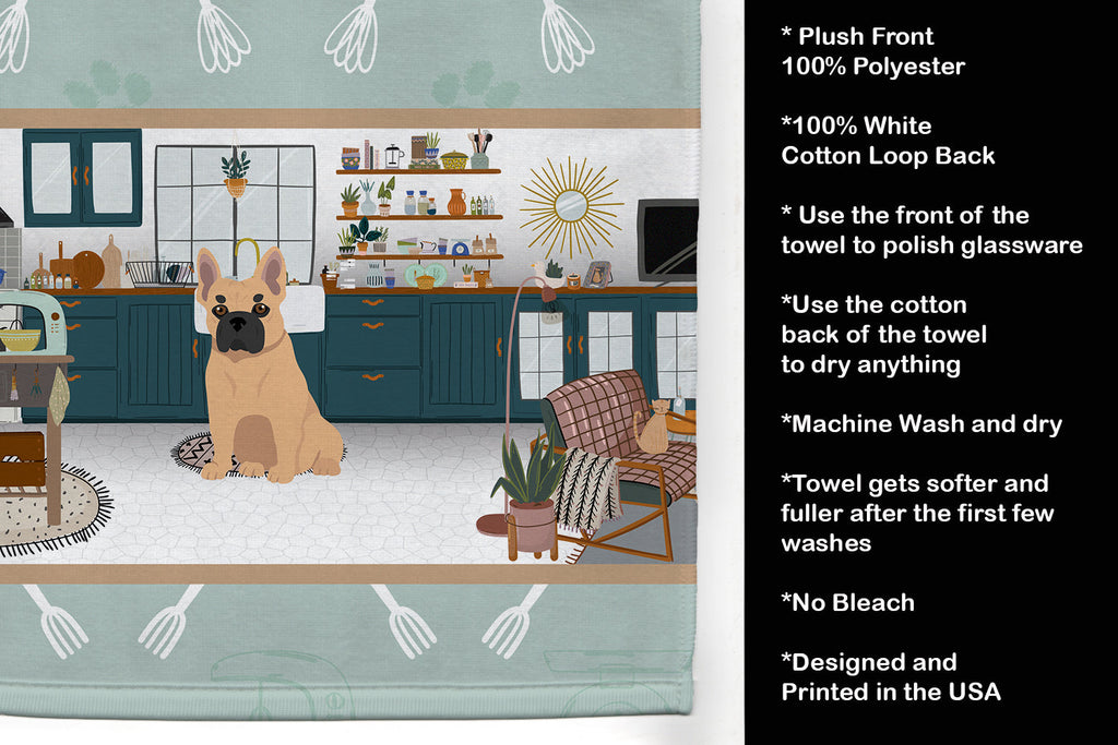 Fawn French Bulldog in the Kitchen Kitchen Towel Velour Plush Front and Cotton Loop Back Machine Washable