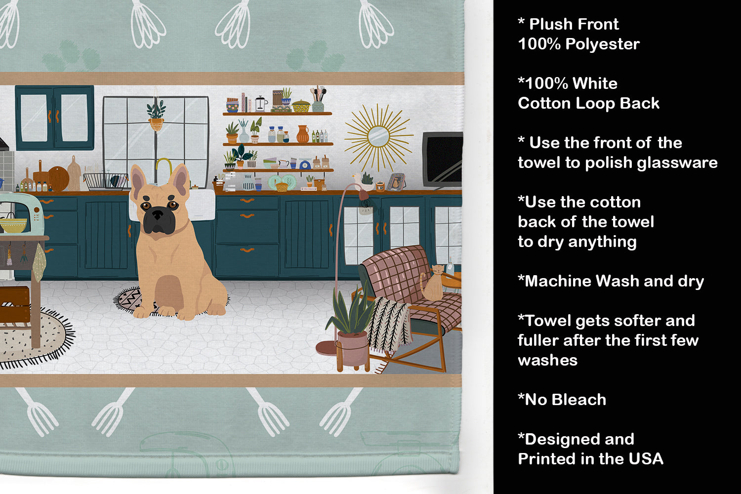 Fawn French Bulldog in the Kitchen Kitchen Towel Velour Plush Front and Cotton Loop Back Machine Washable
