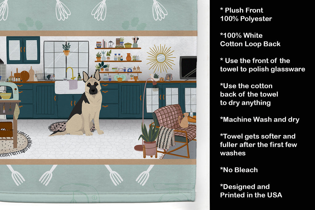 Black and Silver German Shepherd in the Kitchen Kitchen Towel Velour Plush Front and Cotton Loop Back Machine Washable