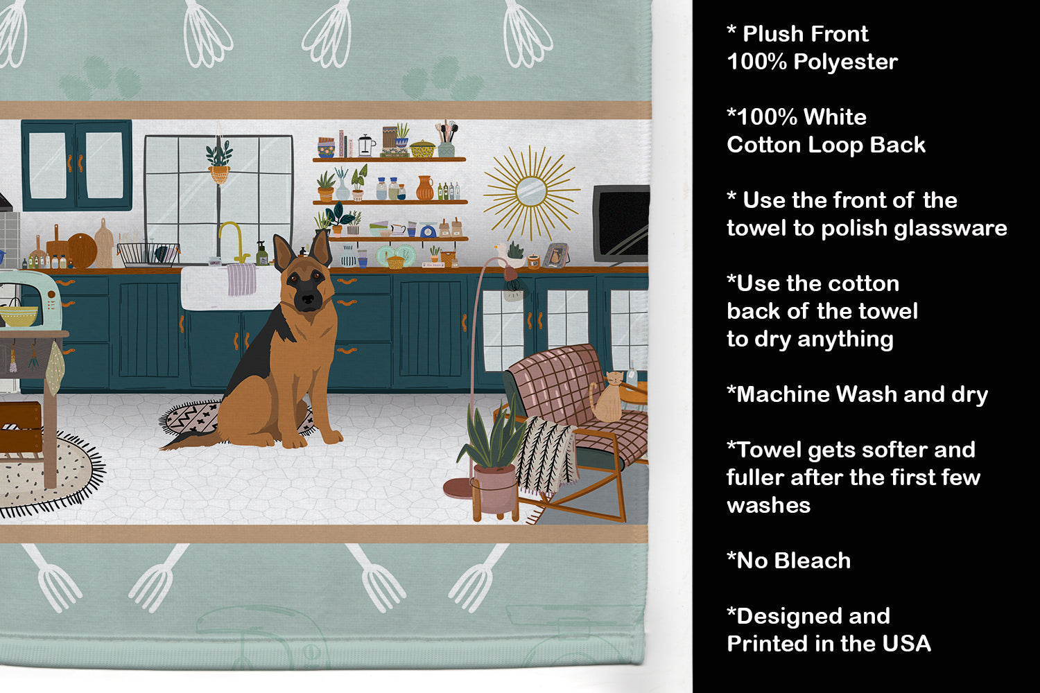 Black and Tan German Shepherd in the Kitchen Kitchen Towel Velour Plush Front and Cotton Loop Back Machine Washable