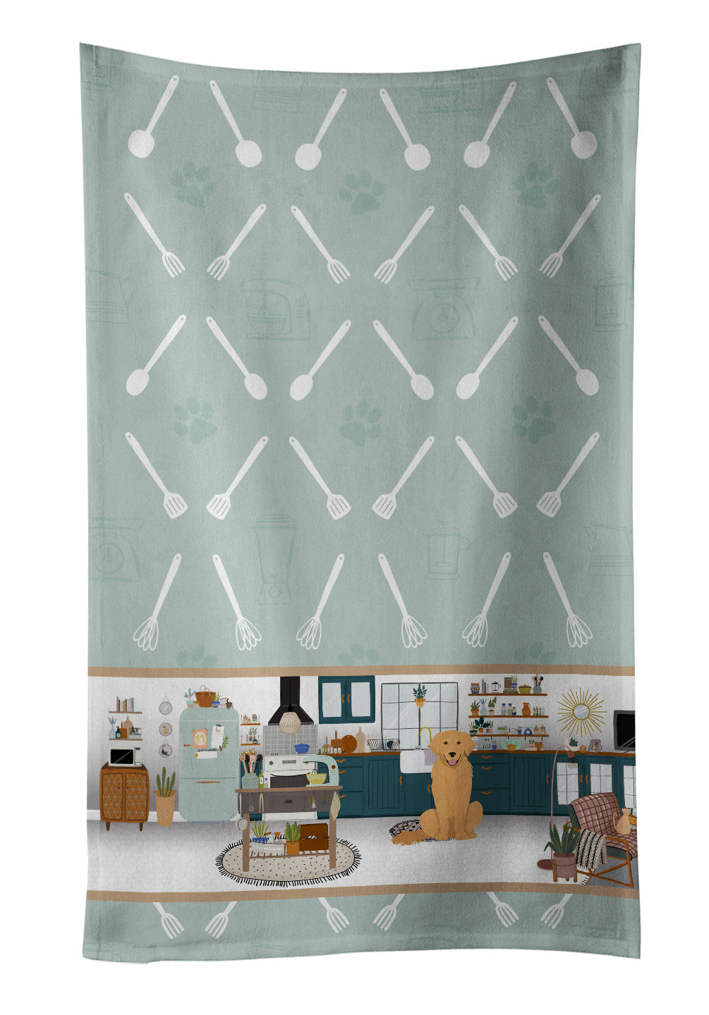 Gold Golden Retriever in the Kitchen Kitchen Towel Velour Plush Front and Cotton Loop Back Machine Washable
