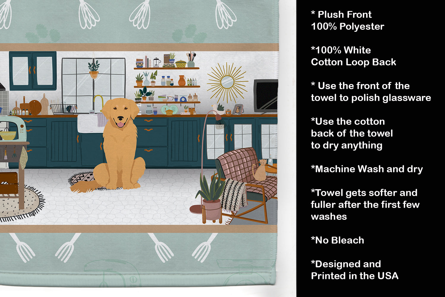 Gold Golden Retriever in the Kitchen Kitchen Towel Velour Plush Front and Cotton Loop Back Machine Washable