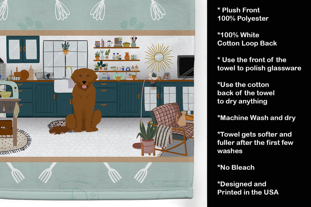 Mahogany Golden Retriever in the Kitchen Kitchen Towel Velour Plush Front and Cotton Loop Back Machine Washable
