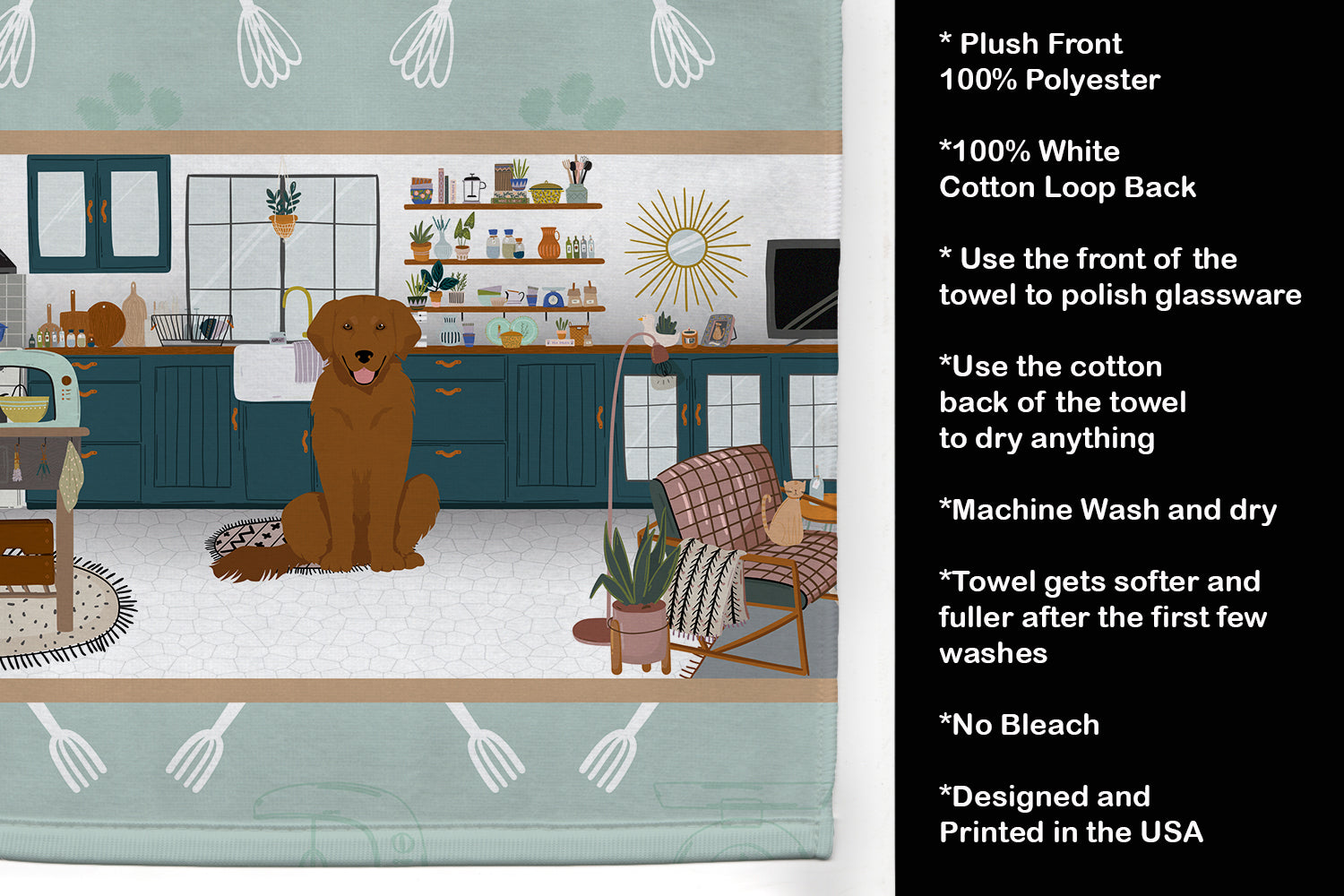 Mahogany Golden Retriever in the Kitchen Kitchen Towel Velour Plush Front and Cotton Loop Back Machine Washable