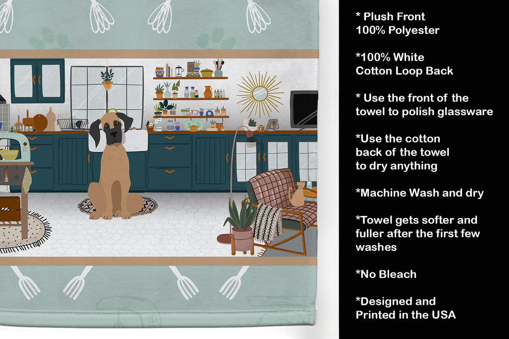 Fawn Great Dane in the Kitchen Kitchen Towel Velour Plush Front and Cotton Loop Back Machine Washable