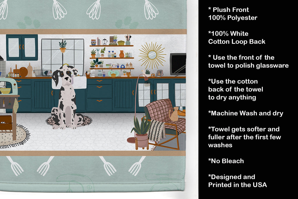 Harlequin Great Dane in the Kitchen Kitchen Towel Velour Plush Front and Cotton Loop Back Machine Washable