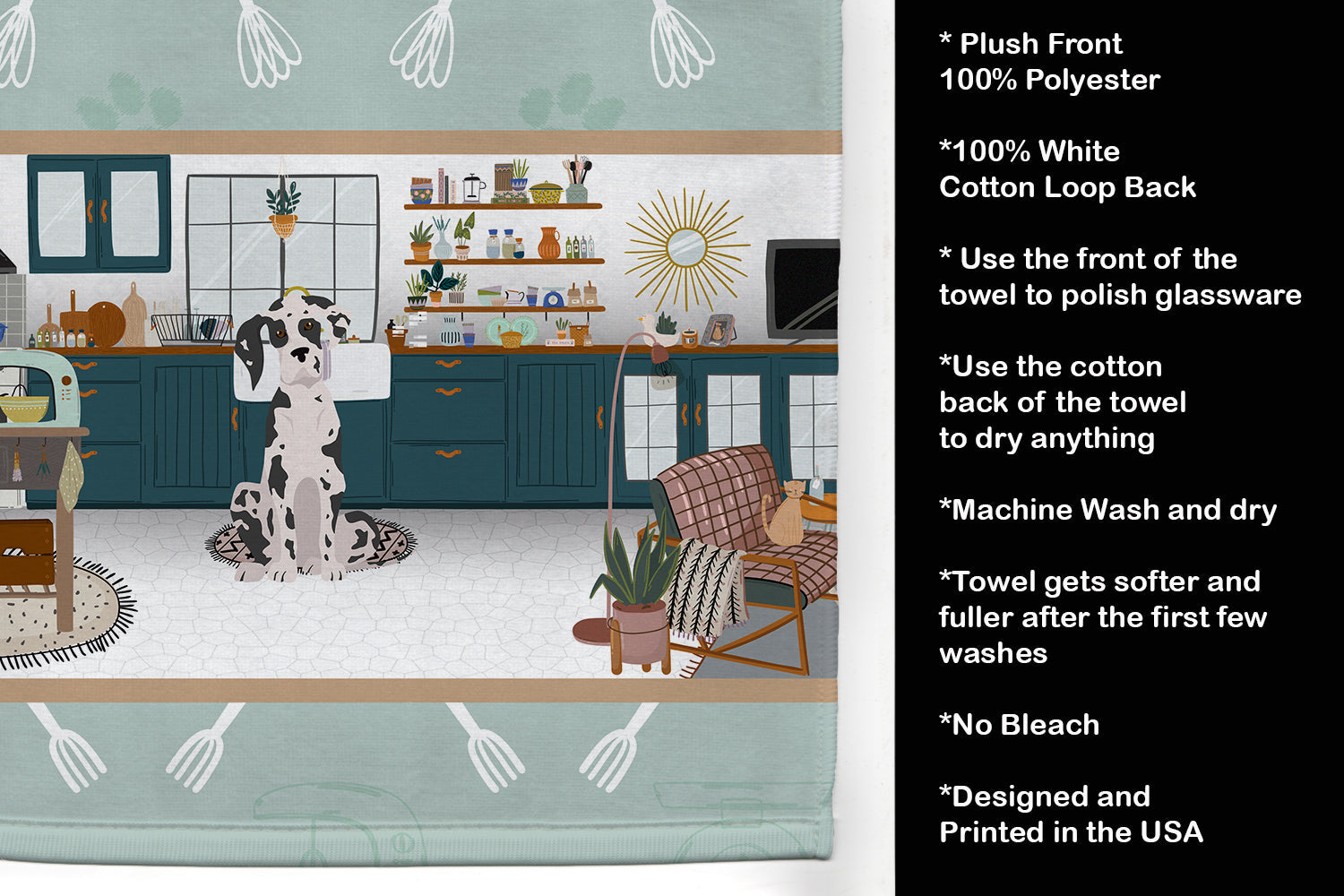 Harlequin Great Dane in the Kitchen Kitchen Towel Velour Plush Front and Cotton Loop Back Machine Washable