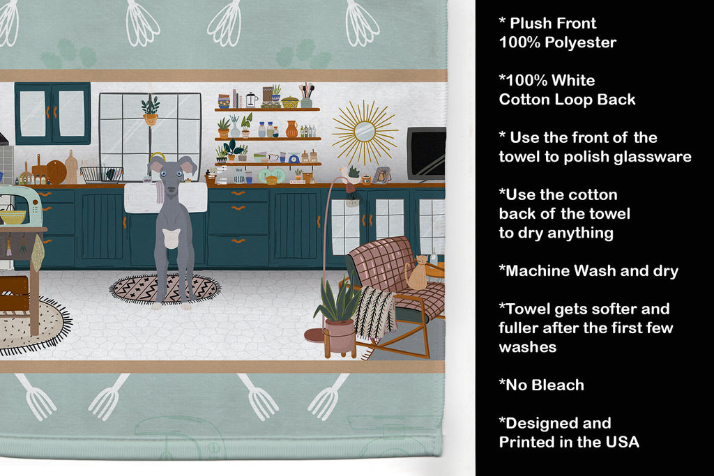Gray Italian Greyhound in the Kitchen Kitchen Towel Velour Plush Front and Cotton Loop Back Machine Washable