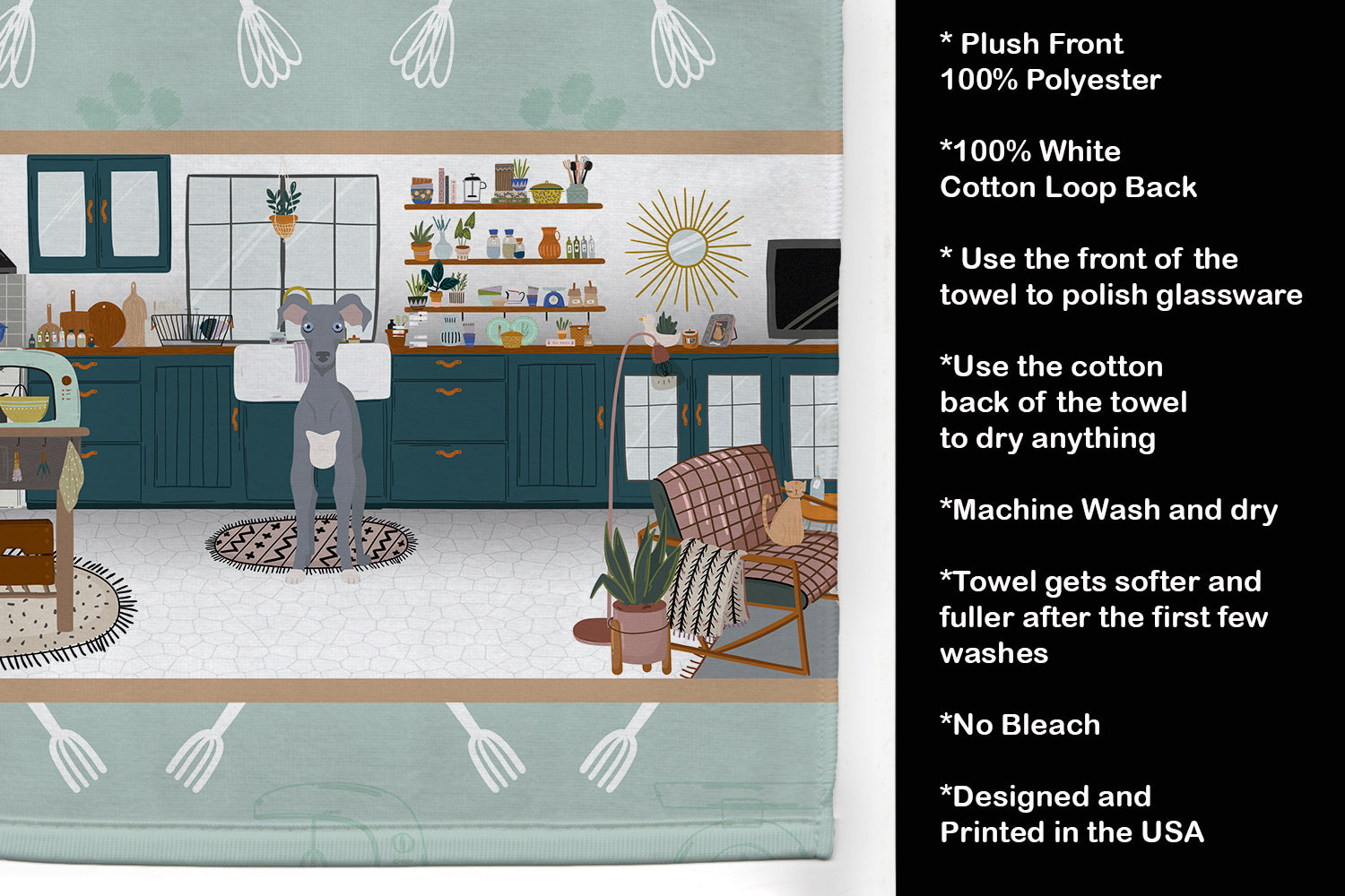 Gray Italian Greyhound in the Kitchen Kitchen Towel Velour Plush Front and Cotton Loop Back Machine Washable