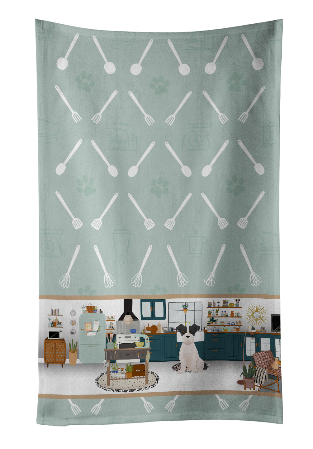 Black White Wirehair Jack Russell Terrier in the Kitchen Kitchen Towel Velour Plush Front and Cotton Loop Back Machine Washable