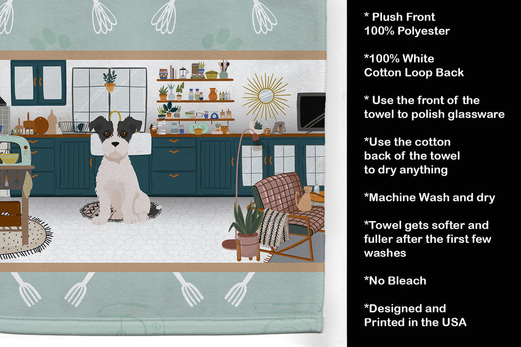 Black White Wirehair Jack Russell Terrier in the Kitchen Kitchen Towel Velour Plush Front and Cotton Loop Back Machine Washable