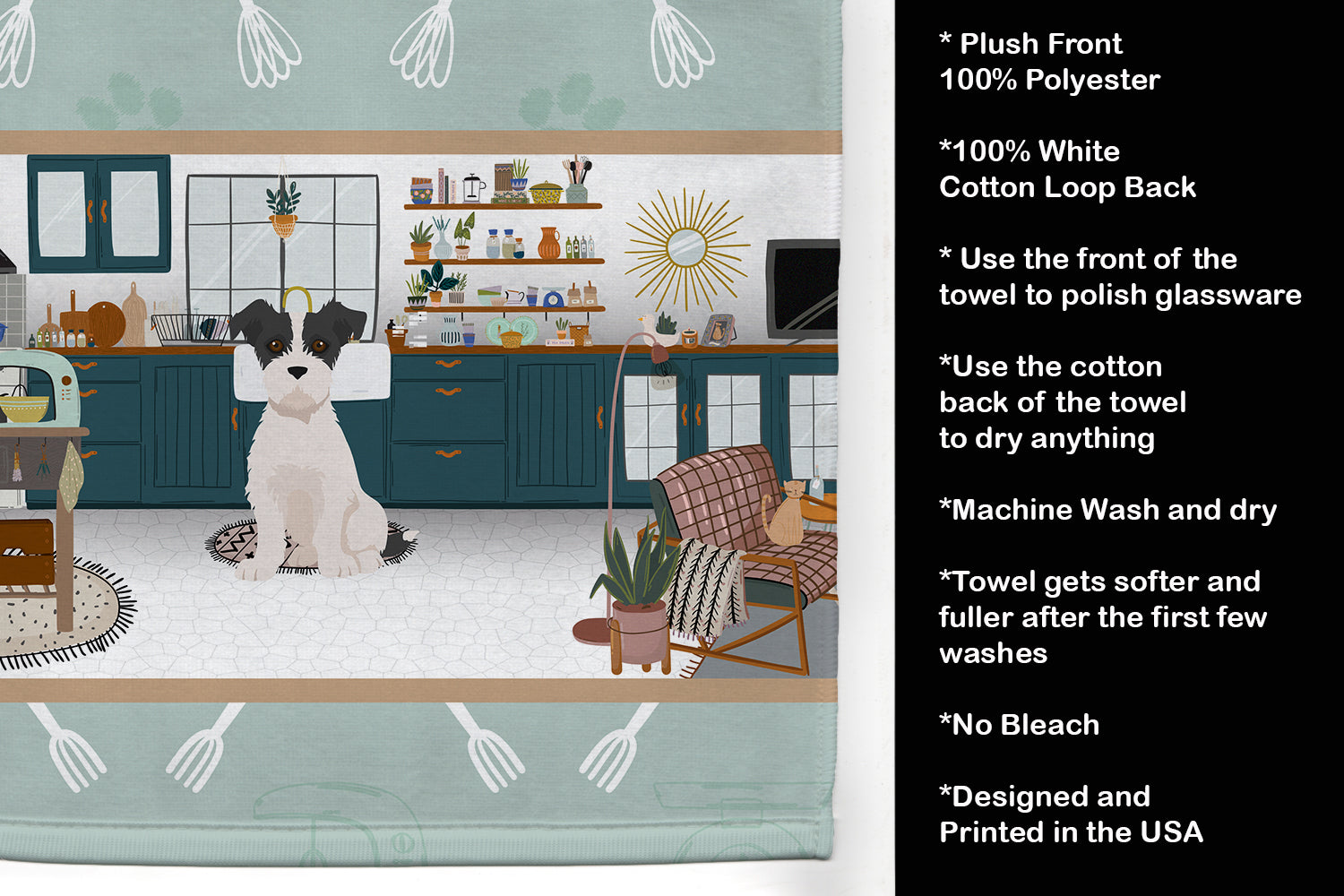 Black White Wirehair Jack Russell Terrier in the Kitchen Kitchen Towel Velour Plush Front and Cotton Loop Back Machine Washable