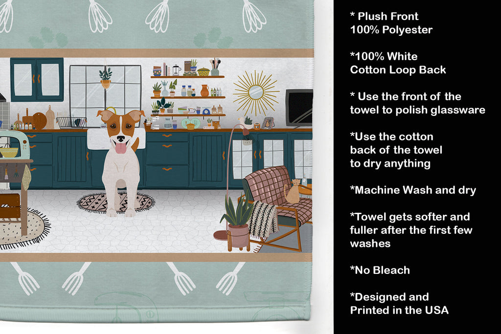 Brown White Smooth Jack Russell Terrier in the Kitchen Kitchen Towel Velour Plush Front and Cotton Loop Back Machine Washable