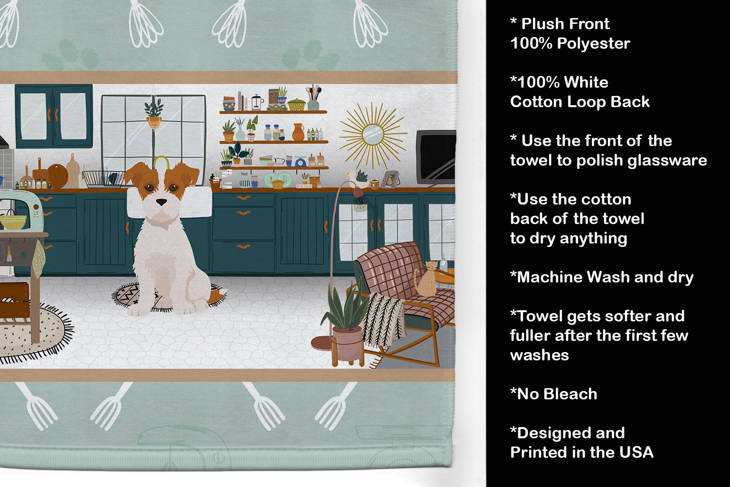 Brown White Wirehair Jack Russell Terrier in the Kitchen Kitchen Towel Velour Plush Front and Cotton Loop Back Machine Washable
