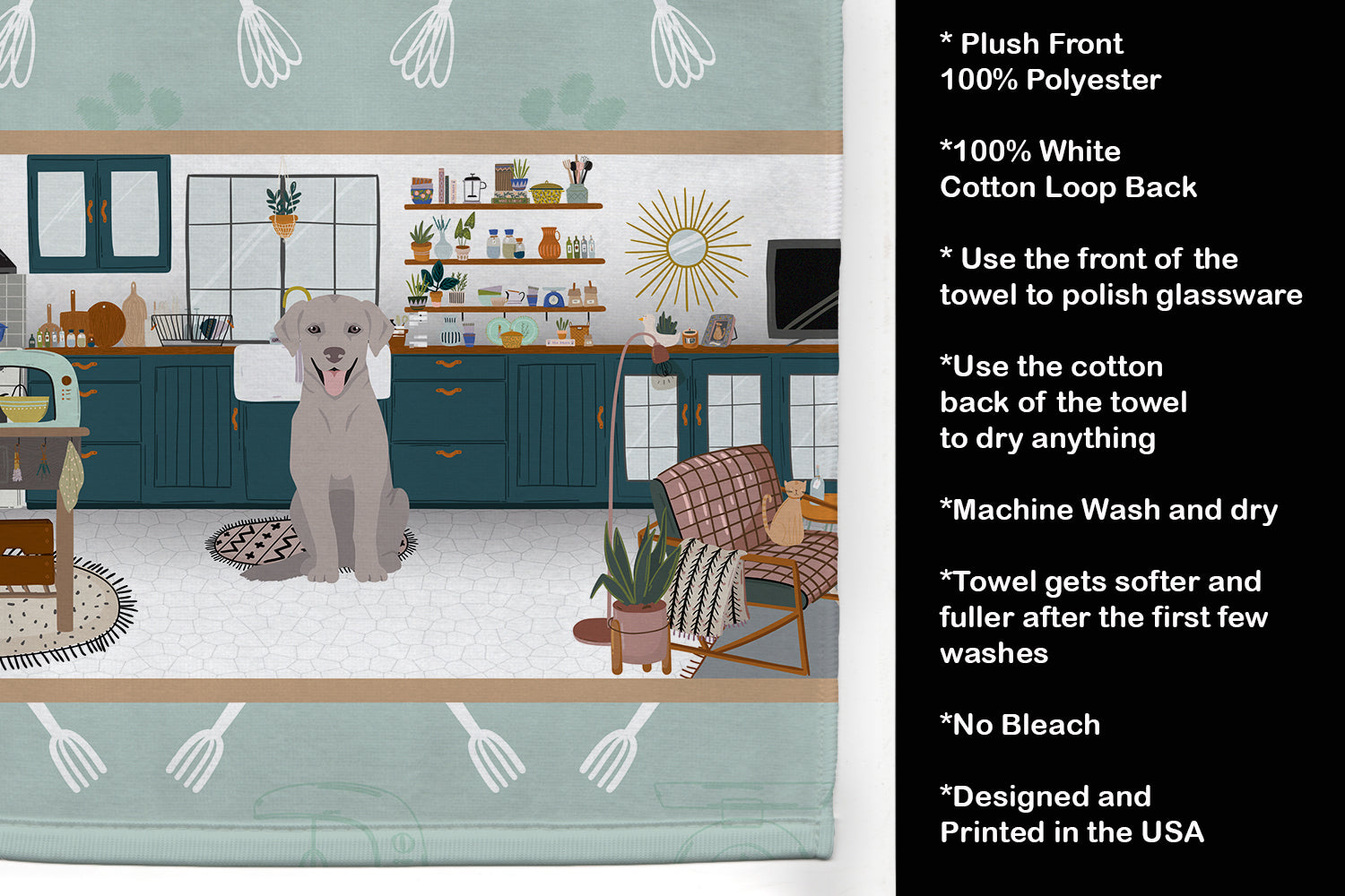 Gray Labrador Retriever in the Kitchen Kitchen Towel Velour Plush Front and Cotton Loop Back Machine Washable