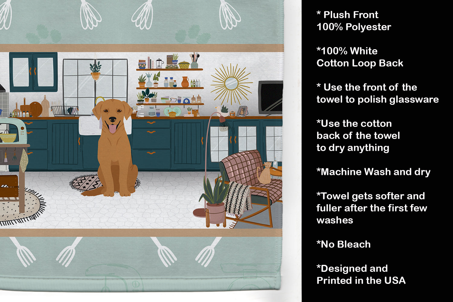 Red Fox Labrador Retriever in the Kitchen Kitchen Towel Velour Plush Front and Cotton Loop Back Machine Washable