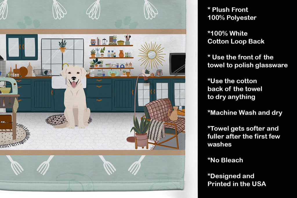 White Cream Labrador Retriever in the Kitchen Kitchen Towel Velour Plush Front and Cotton Loop Back Machine Washable