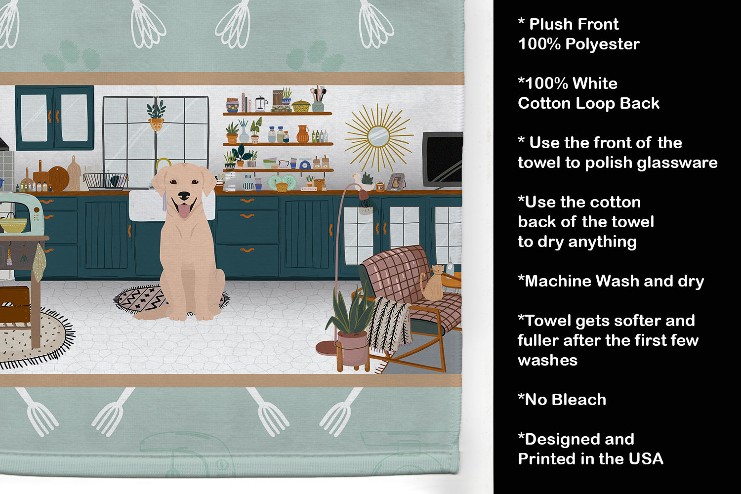 Yellow Labrador Retriever in the Kitchen Kitchen Towel Velour Plush Front and Cotton Loop Back Machine Washable